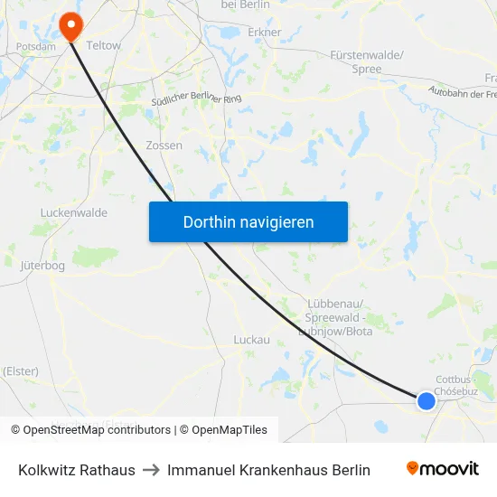 Kolkwitz Rathaus to Immanuel Krankenhaus Berlin map