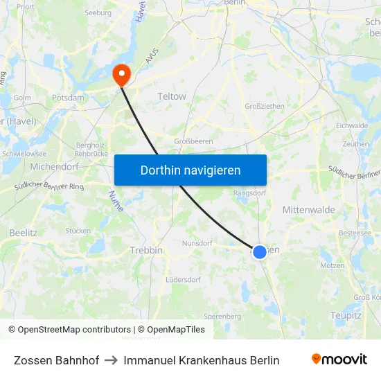 Zossen Bahnhof to Immanuel Krankenhaus Berlin map