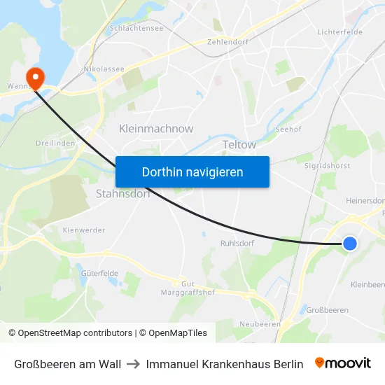 Großbeeren am Wall to Immanuel Krankenhaus Berlin map