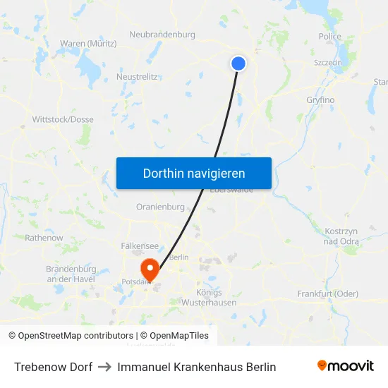 Trebenow Dorf to Immanuel Krankenhaus Berlin map