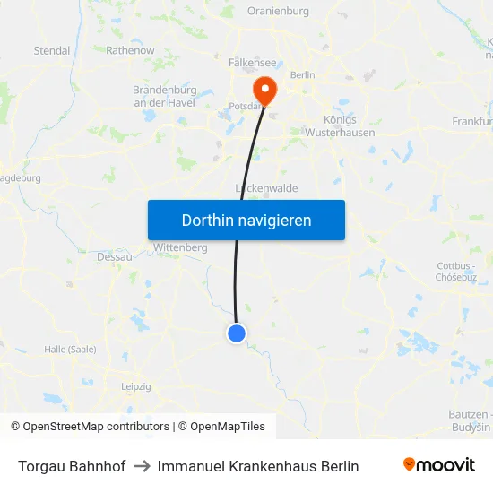Torgau Bahnhof to Immanuel Krankenhaus Berlin map