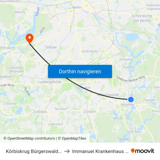 Körbiskrug Bürgerswalder Str. to Immanuel Krankenhaus Berlin map