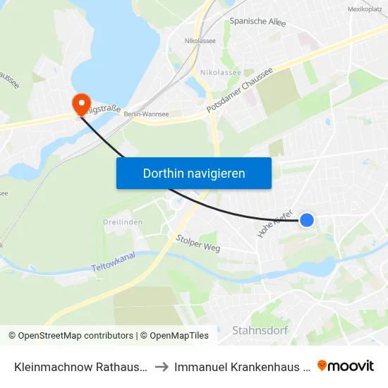 Kleinmachnow Rathausmarkt to Immanuel Krankenhaus Berlin map
