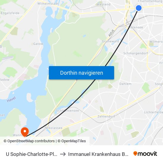 U Sophie-Charlotte-Platz to Immanuel Krankenhaus Berlin map