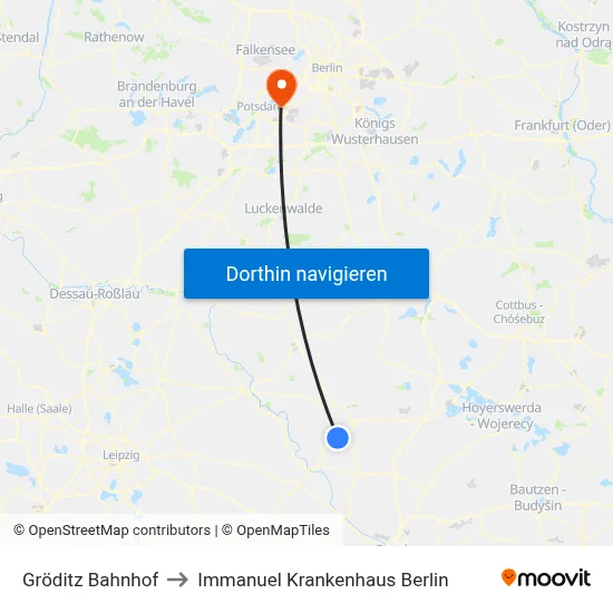 Gröditz Bahnhof to Immanuel Krankenhaus Berlin map