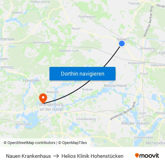 Nauen Krankenhaus to Helios Klinik Hohenstücken map