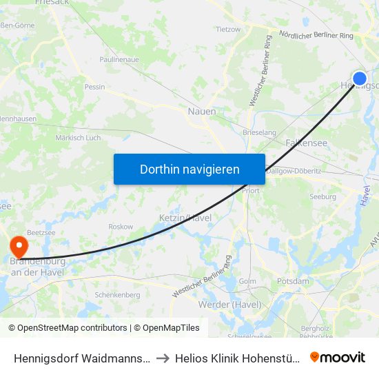 Hennigsdorf Waidmannsweg to Helios Klinik Hohenstücken map