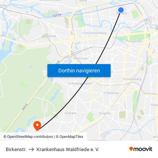 Birkenstr. to Krankenhaus Waldfriede e. V. map