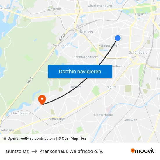 Güntzelstr. to Krankenhaus Waldfriede e. V. map