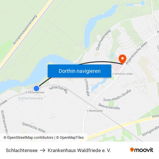 Schlachtensee to Krankenhaus Waldfriede e. V. map