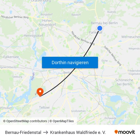 Bernau-Friedenstal to Krankenhaus Waldfriede e. V. map