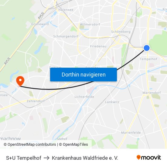 S+U Tempelhof to Krankenhaus Waldfriede e. V. map