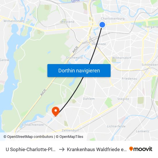 U Sophie-Charlotte-Platz to Krankenhaus Waldfriede e. V. map