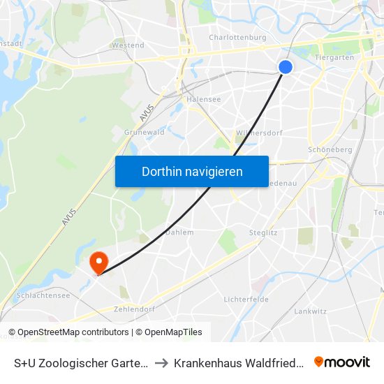 S+U Zoologischer Garten Bhf to Krankenhaus Waldfriede e. V. map