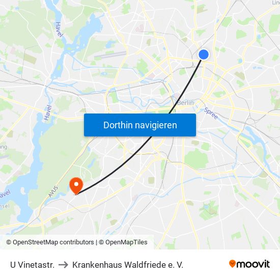 U Vinetastr. to Krankenhaus Waldfriede e. V. map