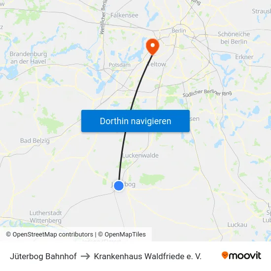 Jüterbog Bahnhof to Krankenhaus Waldfriede e. V. map