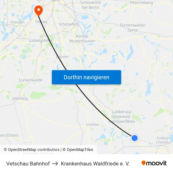 Vetschau Bahnhof to Krankenhaus Waldfriede e. V. map