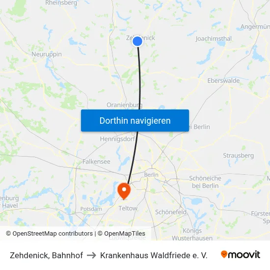 Zehdenick, Bahnhof to Krankenhaus Waldfriede e. V. map
