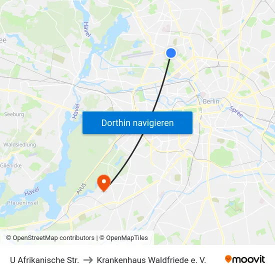 U Afrikanische Str. to Krankenhaus Waldfriede e. V. map