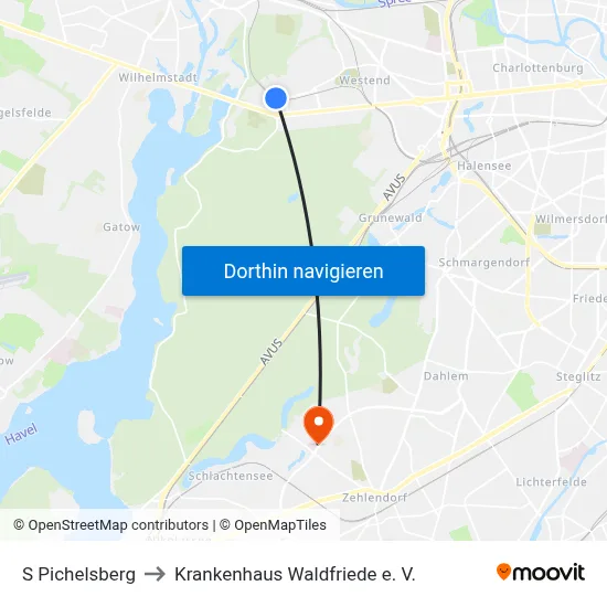 S Pichelsberg to Krankenhaus Waldfriede e. V. map