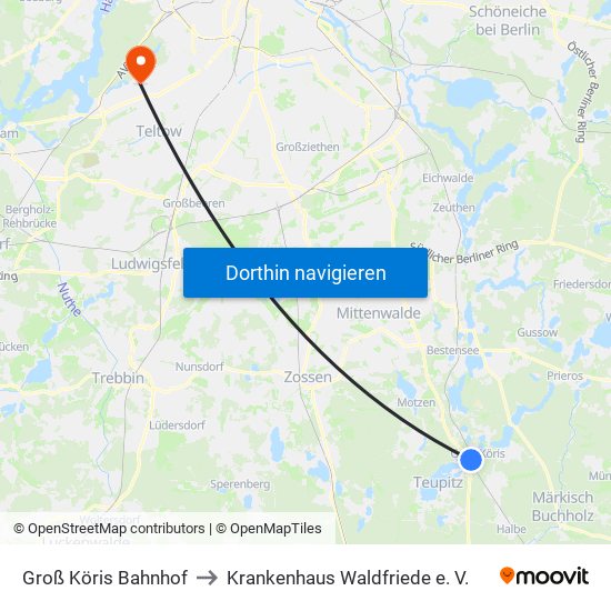 Groß Köris Bahnhof to Krankenhaus Waldfriede e. V. map