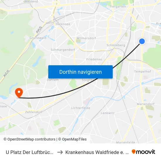 U Platz Der Luftbrücke to Krankenhaus Waldfriede e. V. map