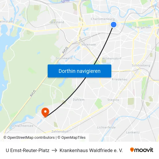 U Ernst-Reuter-Platz to Krankenhaus Waldfriede e. V. map