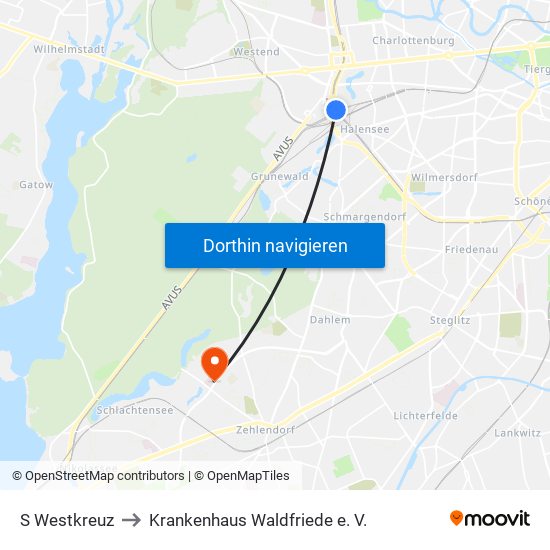 S Westkreuz to Krankenhaus Waldfriede e. V. map