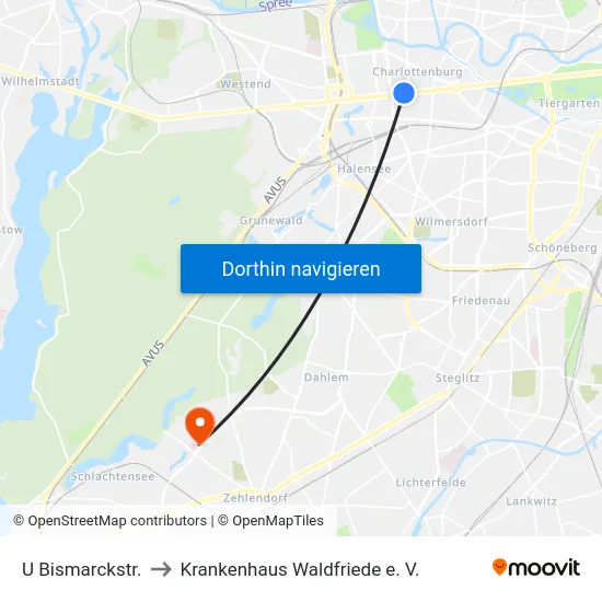 U Bismarckstr. to Krankenhaus Waldfriede e. V. map