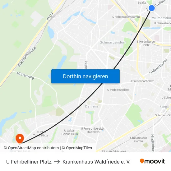 U Fehrbelliner Platz to Krankenhaus Waldfriede e. V. map