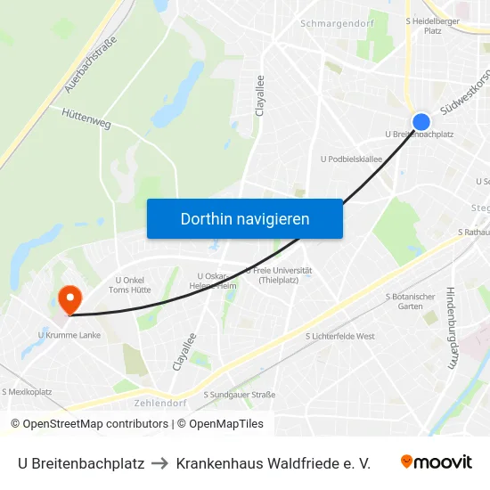 U Breitenbachplatz to Krankenhaus Waldfriede e. V. map