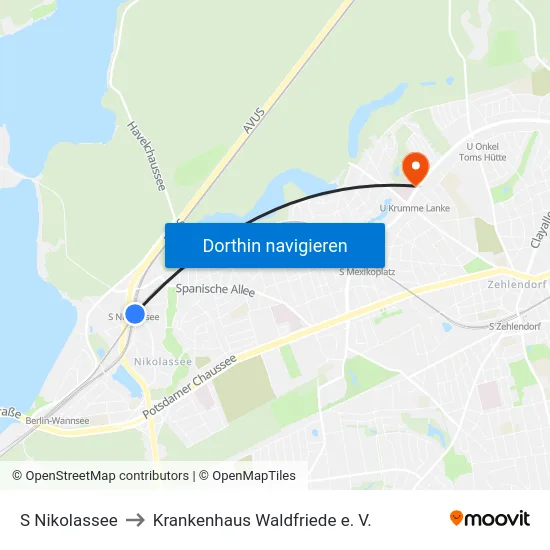 S Nikolassee to Krankenhaus Waldfriede e. V. map