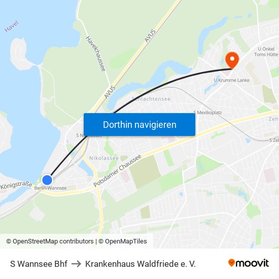 S Wannsee Bhf to Krankenhaus Waldfriede e. V. map