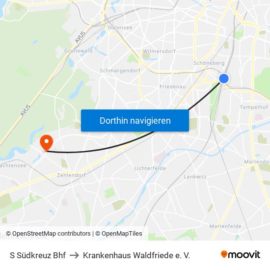 S Südkreuz Bhf to Krankenhaus Waldfriede e. V. map