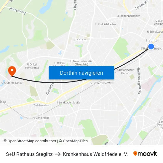 S+U Rathaus Steglitz to Krankenhaus Waldfriede e. V. map