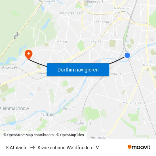 S Attilastr. to Krankenhaus Waldfriede e. V. map