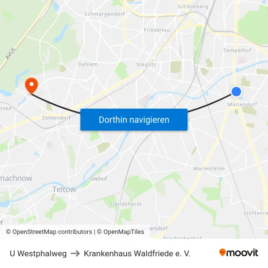 U Westphalweg to Krankenhaus Waldfriede e. V. map