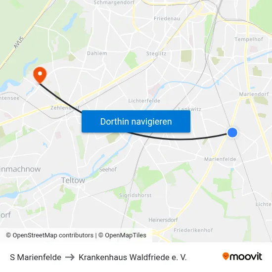 S Marienfelde to Krankenhaus Waldfriede e. V. map