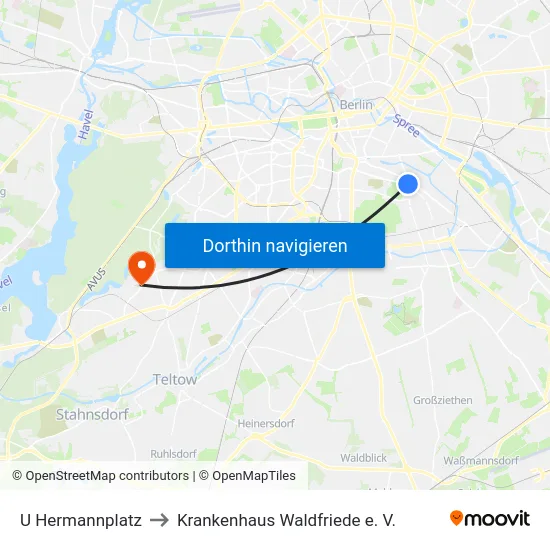 U Hermannplatz to Krankenhaus Waldfriede e. V. map