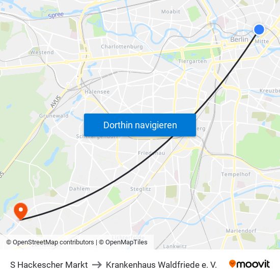 S Hackescher Markt to Krankenhaus Waldfriede e. V. map