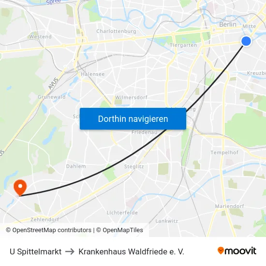 U Spittelmarkt to Krankenhaus Waldfriede e. V. map