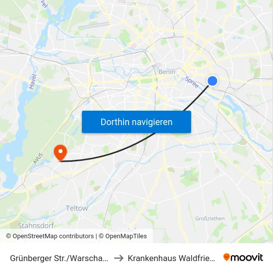 Grünberger Str./Warschauer Str. to Krankenhaus Waldfriede e. V. map