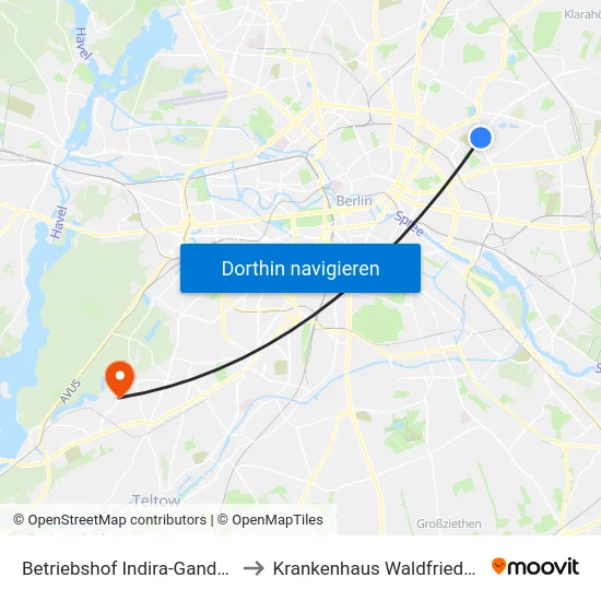 Betriebshof Indira-Gandhi-Str. to Krankenhaus Waldfriede e. V. map