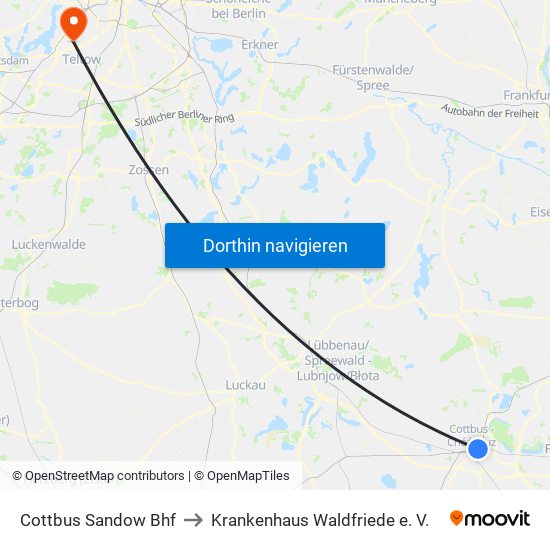Cottbus Sandow Bhf to Krankenhaus Waldfriede e. V. map