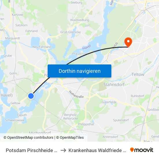 Potsdam Pirschheide Bhf to Krankenhaus Waldfriede e. V. map