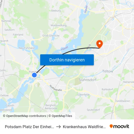 Potsdam Platz Der Einheit/West to Krankenhaus Waldfriede e. V. map