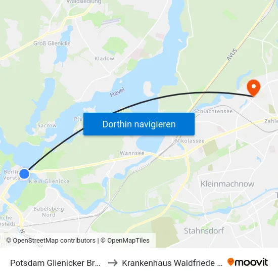 Potsdam Glienicker Brücke to Krankenhaus Waldfriede e. V. map