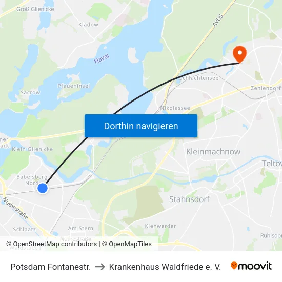 Potsdam Fontanestr. to Krankenhaus Waldfriede e. V. map