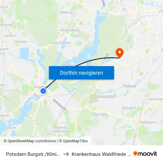 Potsdam Burgstr./Klinikum to Krankenhaus Waldfriede e. V. map