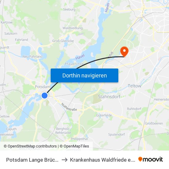 Potsdam Lange Brücke to Krankenhaus Waldfriede e. V. map